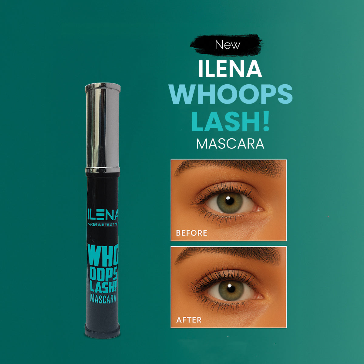 ILENA Whoops Lash Mascara, 360° Curved Wand, Smudge-Proof, Volume Length and Curl, Clump-Free, Black 8ml