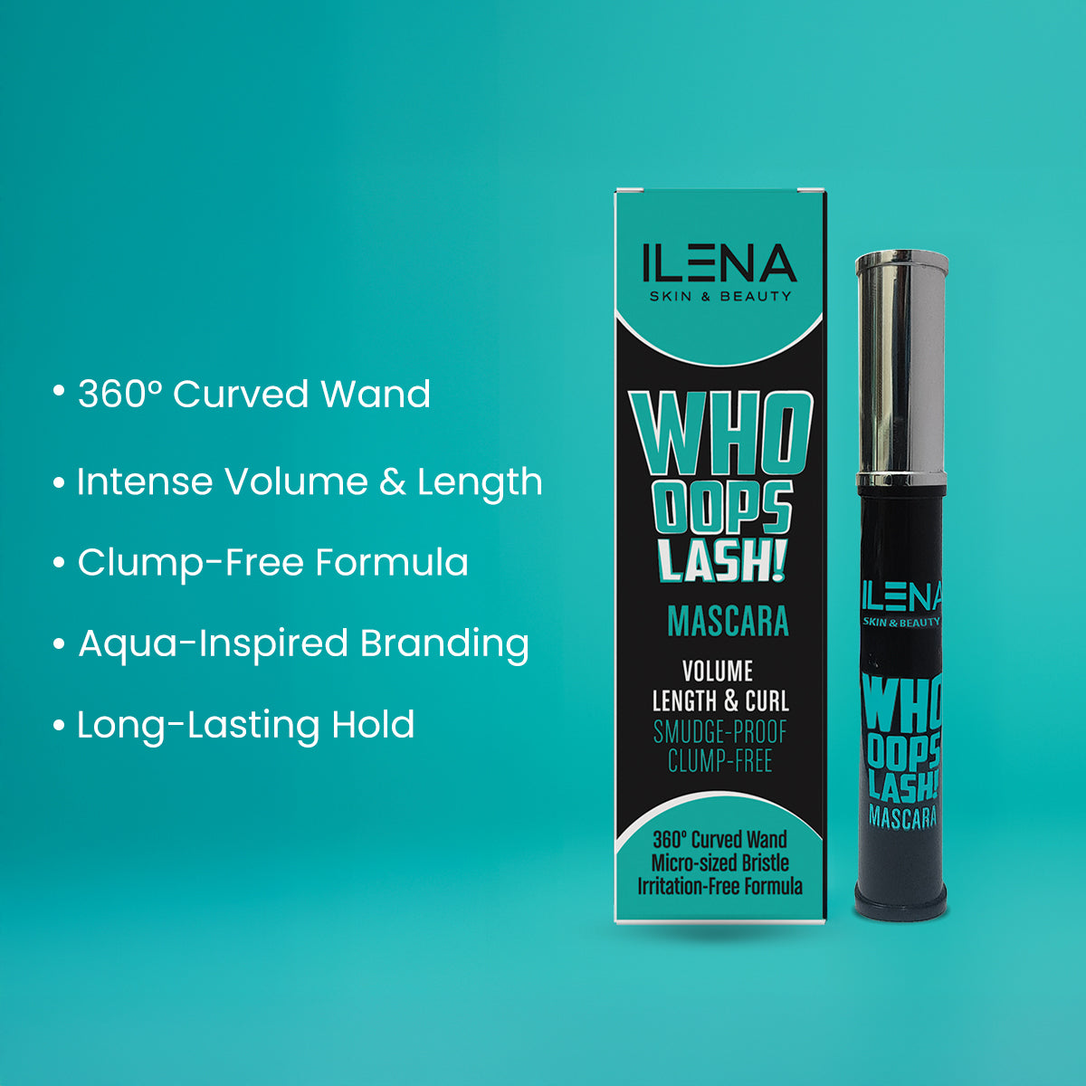 ILENA Whoops Lash Mascara, 360° Curved Wand, Smudge-Proof, Volume Length and Curl, Clump-Free, Black 8ml