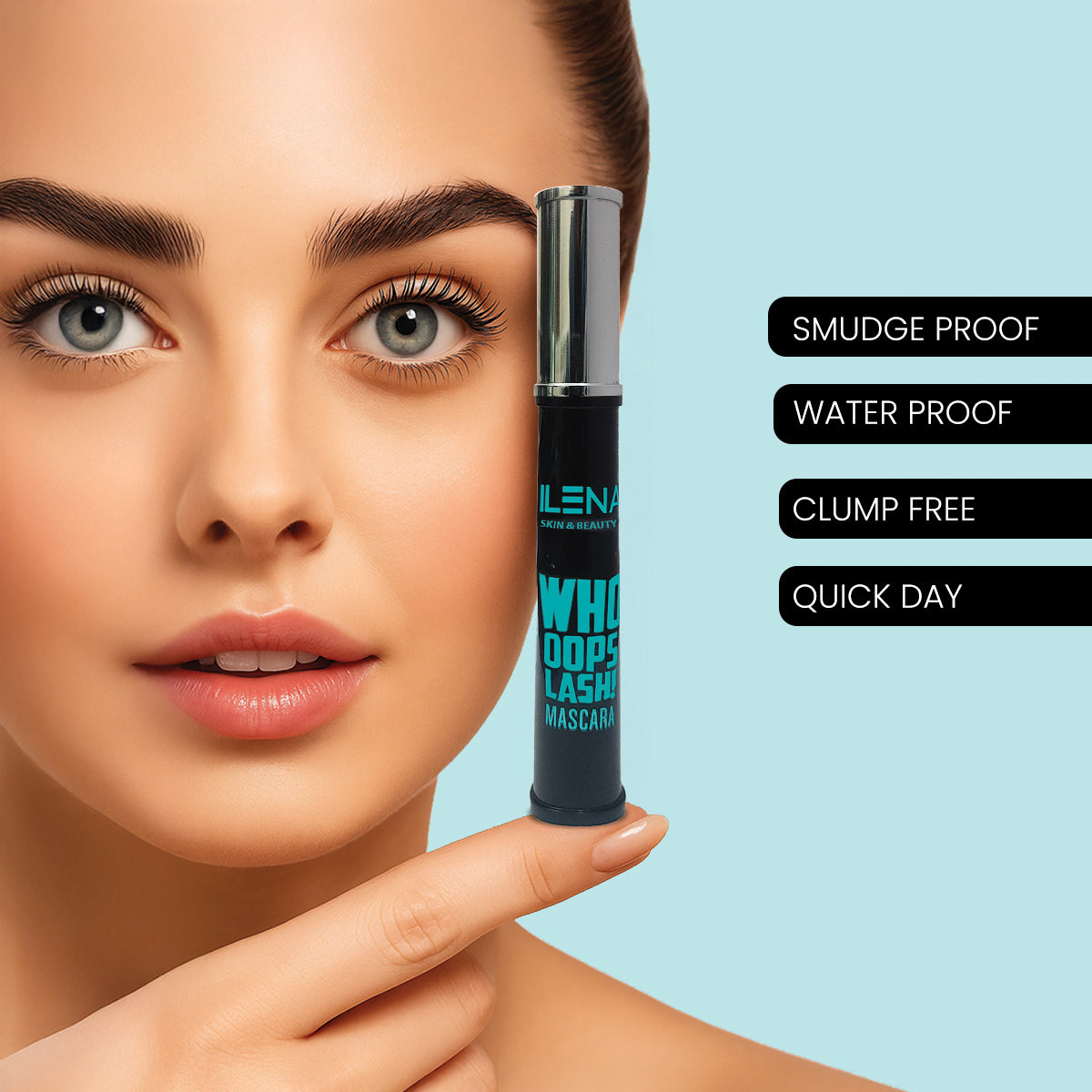 ILENA Whoops Lash Mascara, 360° Curved Wand, Smudge-Proof, Volume Length and Curl, Clump-Free, Black 8ml