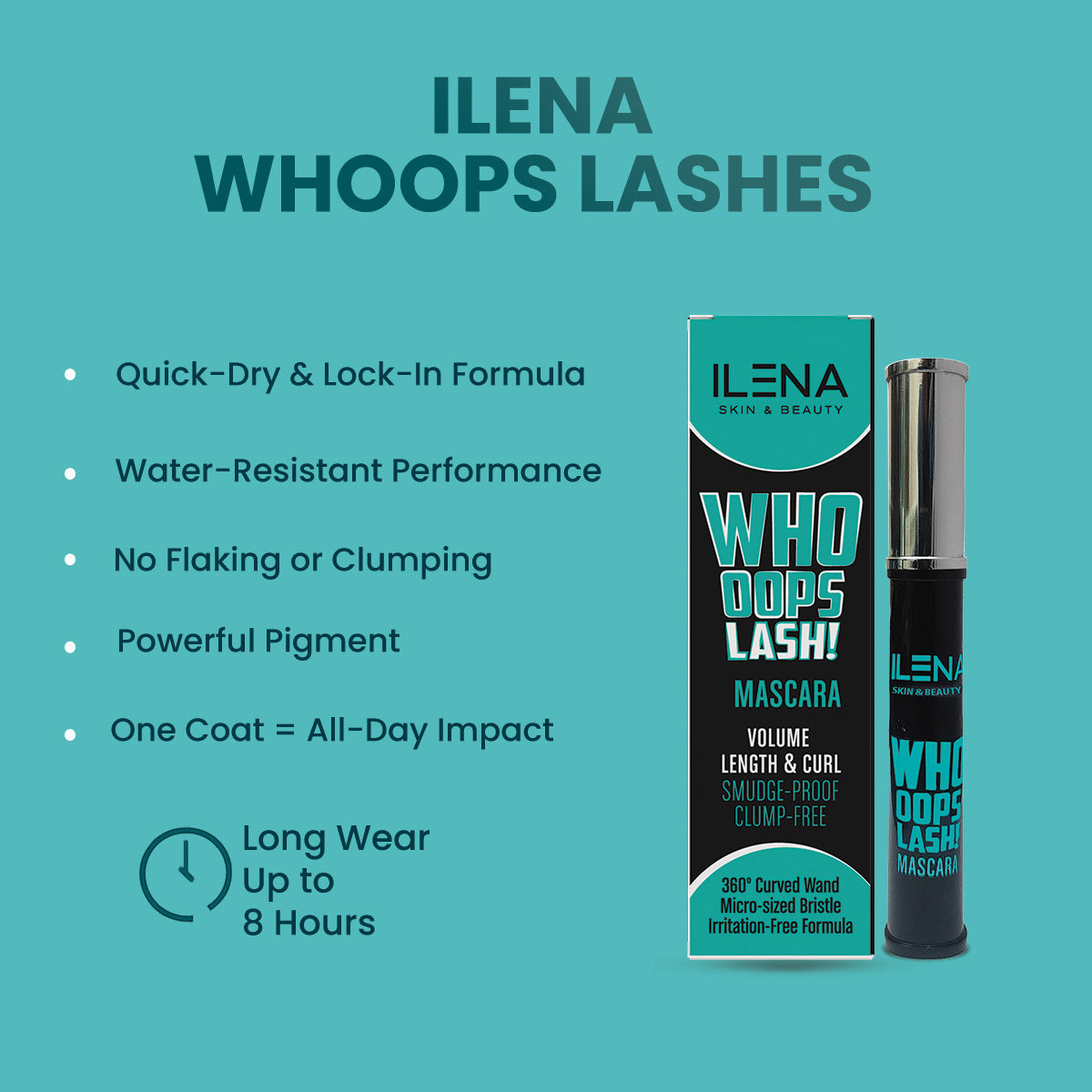 ILENA Whoops Lash Mascara, 360° Curved Wand, Smudge-Proof, Volume Length and Curl, Clump-Free, Black 8ml