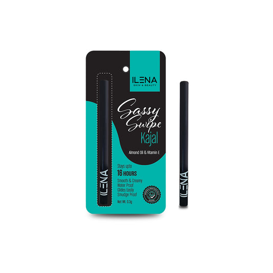 ILENA Sassy Swipe Kajal, 16 Hours Long-lasting, Waterproof, with Almond Oil and Vitamin E, 0.3g, Black, No Chemical, Cruelty & Paraben Free