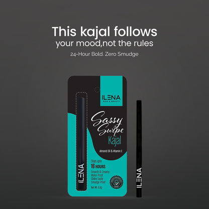 ILENA Sassy Swipe Kajal, 16 Hours Long-lasting, Waterproof, with Almond Oil and Vitamin E, 0.3g, Black, No Chemical, Cruelty & Paraben Free